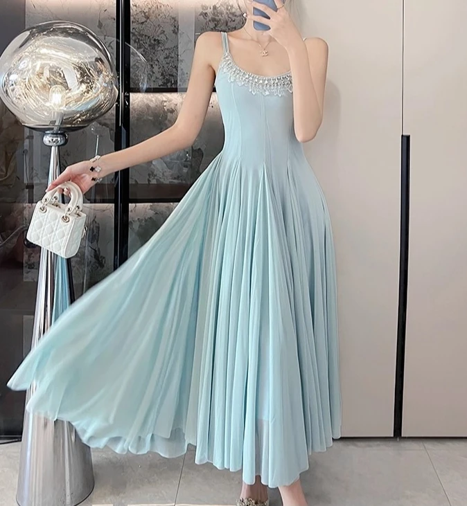 アプリコット V ネックストラップドレス女性ルーズスタイル夏休みヴィンテージエレガント Vestidos ボディコンシックな布女性