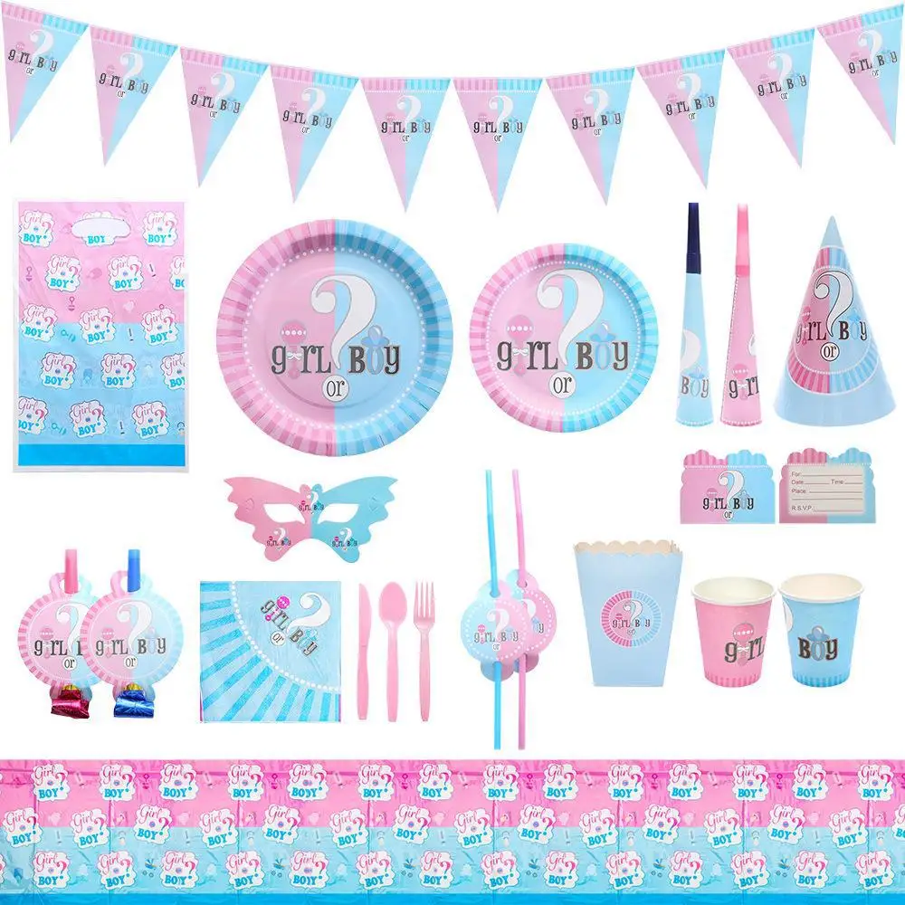 

Gender Revealing: Male and Female Friendship, Blue and Pink Birthday Party, Disposable Paper Cup Mask, Hat, Dining Plate Set