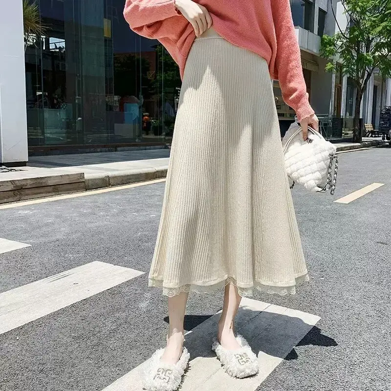 2024 New Autumn Knitted Pleated Skirt Women Midi Elastic High Waist A-Line Sweater Skirt Female Winter Mid-length Skirt T366