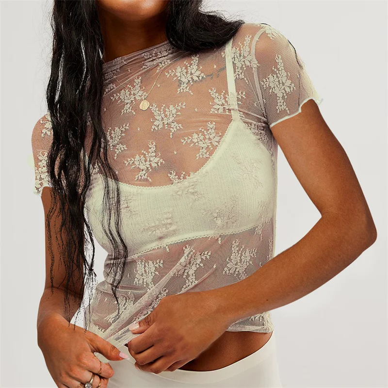 Lamuusaa Lace Top Women Coquette Clothes Sheer See Through Floral Mock Neck Short Sleeve Mesh T Shirt 2000s Clothing Clubwear