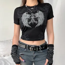 Camiseta ajustada de estética para mujer, ropa de calle gótica Harajuku, Camiseta con estampado gráfico, Top corto Vintage sin mangas, ropa Y2K