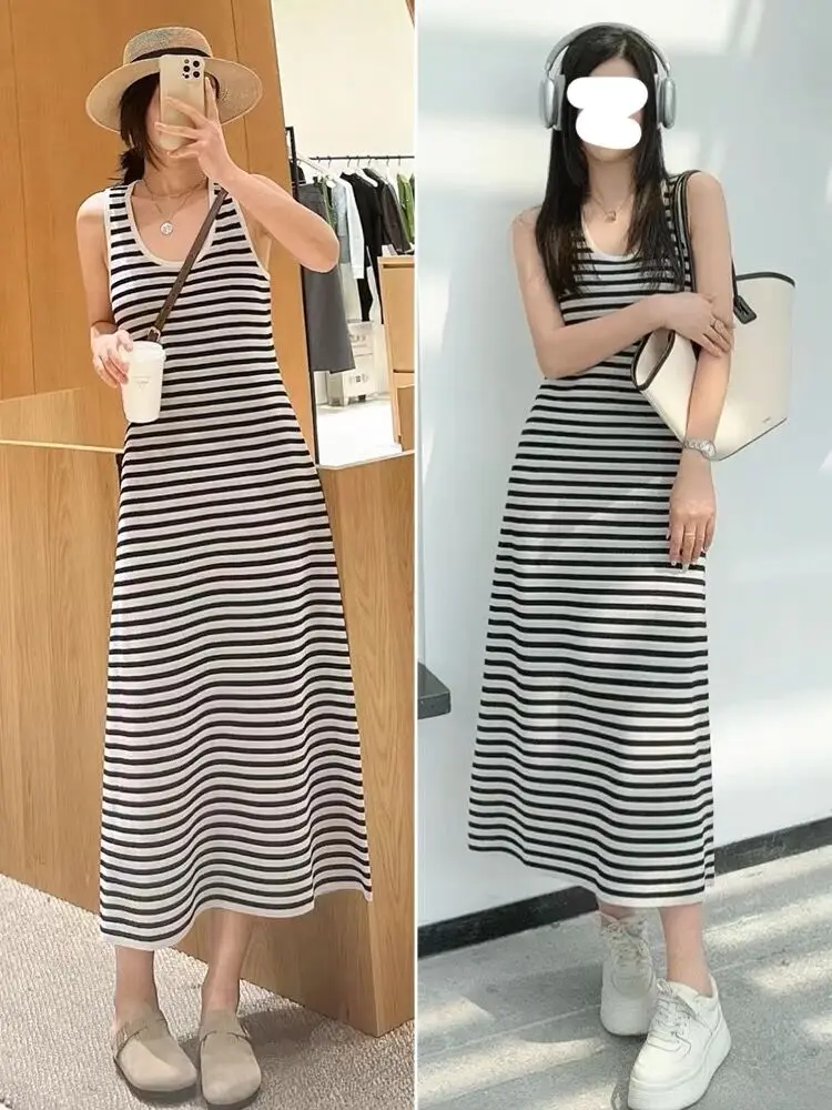 2024 Summer Women Fashion O Neck Black White Stripes Vest Knitting Dress Female High Quality Sleeveless Maxi Long Dress C-074