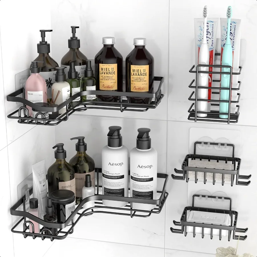 

Black Corner Adhesive Shower Caddy Rustproof Stainless Steel Corner Shower Shelves for Bathroom Kitchen No Drilling Wall Mounte