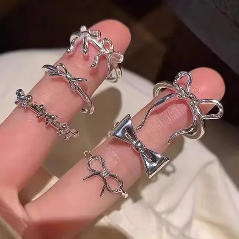 6 stks Koreaanse Zilveren Strik Lint Ringen voor Vrouwen Zoete Cool Geometrische Boog Opening Verstelbare Ringen Bruiloft Sieraden Geschenken