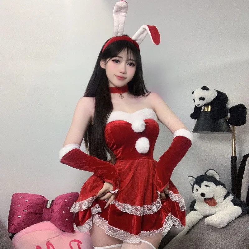 

Sexy Lingerie New Velvet Strapless Lace Dress Sleeves Cute Bunny Girl Christmas Outfit Set Ball Cosplay Uniform Temptation