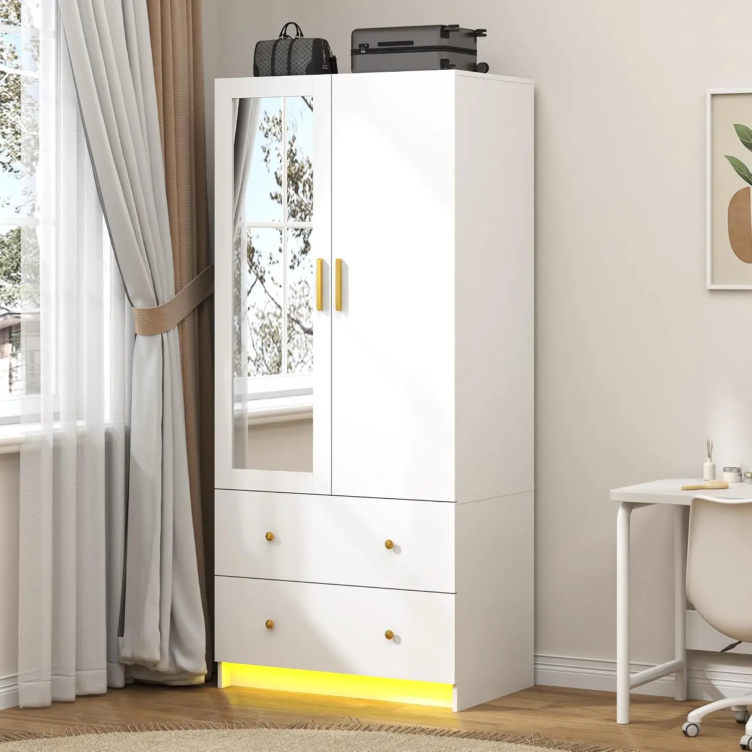 2-Door 2-Door Wardrobe with Mirror & LED Light, Small Bedroom Armoire with Drawers, Wooden Closet with Hanging Rod, White, Customized - Aliexpress Deal