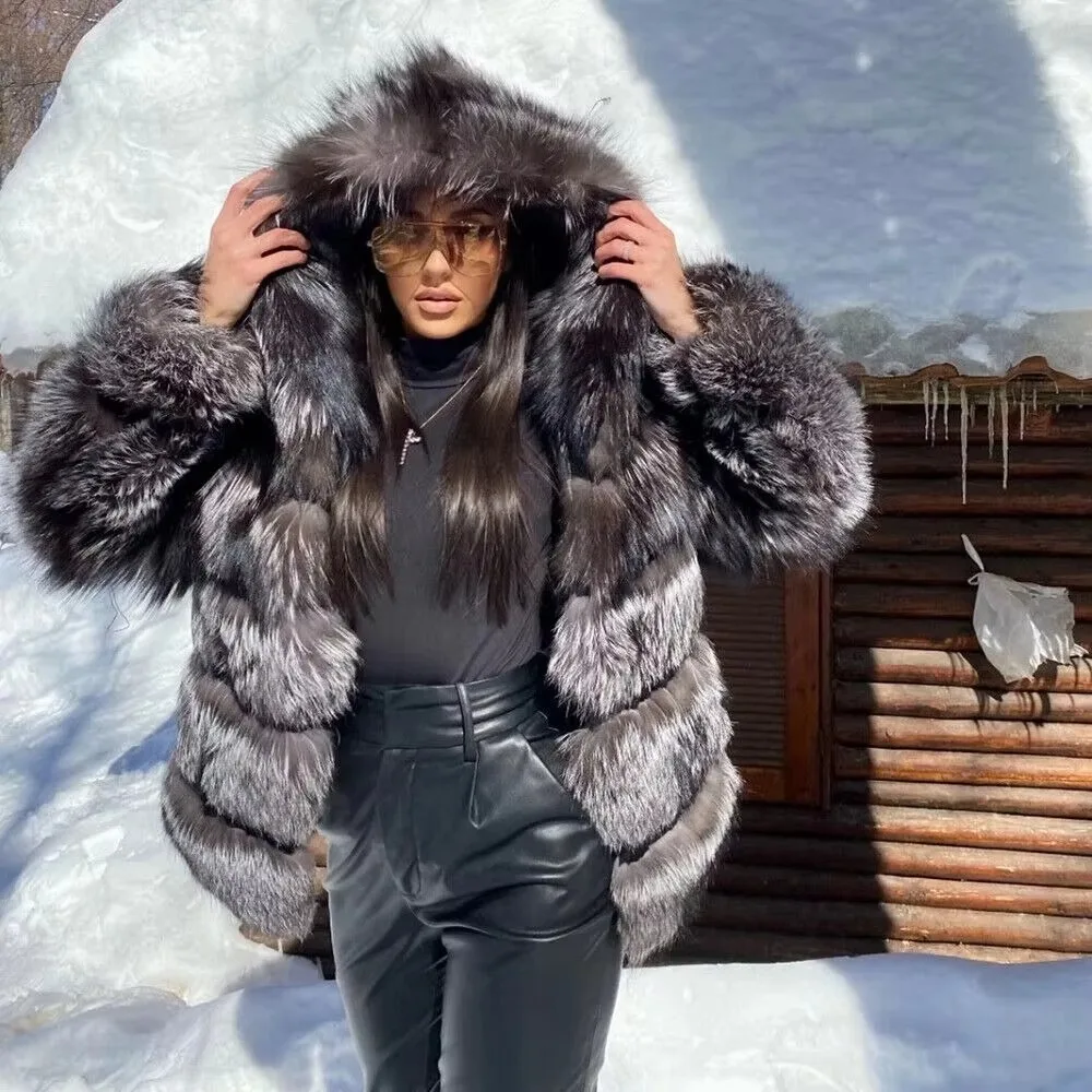 BFFUR Silver Fox Fur Coat Real Winter Women'S Fashion Brown 2026 Leather And Skin Clothing Natural New In Coats & Jackets