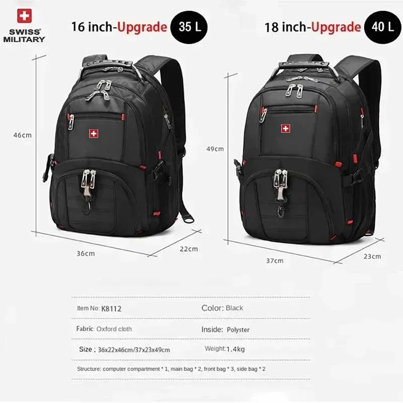 SWISS 17-Zoll-Laptop-Rucksack, wasserdichter USB-Ladeanschluss, multifunktionaler Rucksack im Schweizer Stil, Schultasche, Mochila, Wandern, Reisetasche