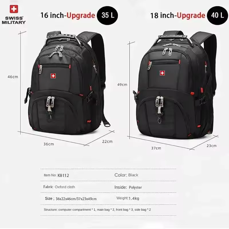 SWISS 17" Laptop Backpack Waterproof USB Charge Port Swiss-style Multifunctional Rucksack Schoolbag Mochila Hiking Travel bag - Image 6