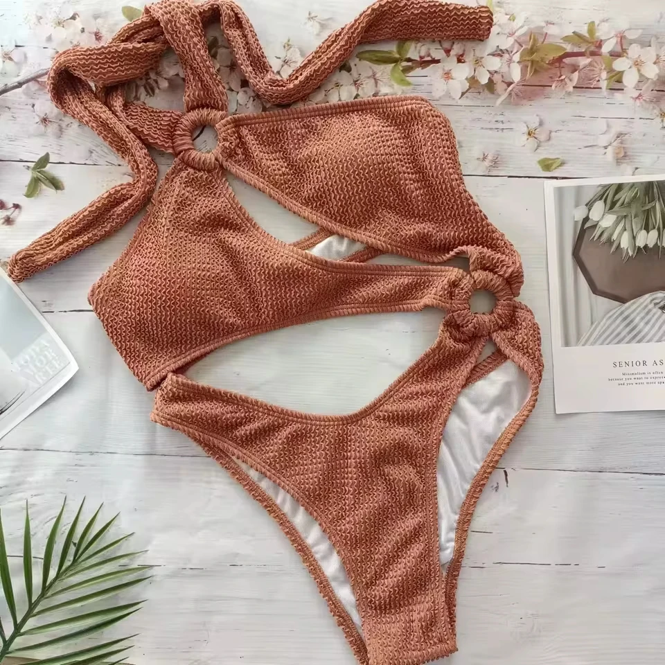 

Sexy Tummy Cut Out Halter Women Thong Swimwear One Piece Swimsuit Female High Cut Monokini Rings Bathing Suit Swim Beach Wear