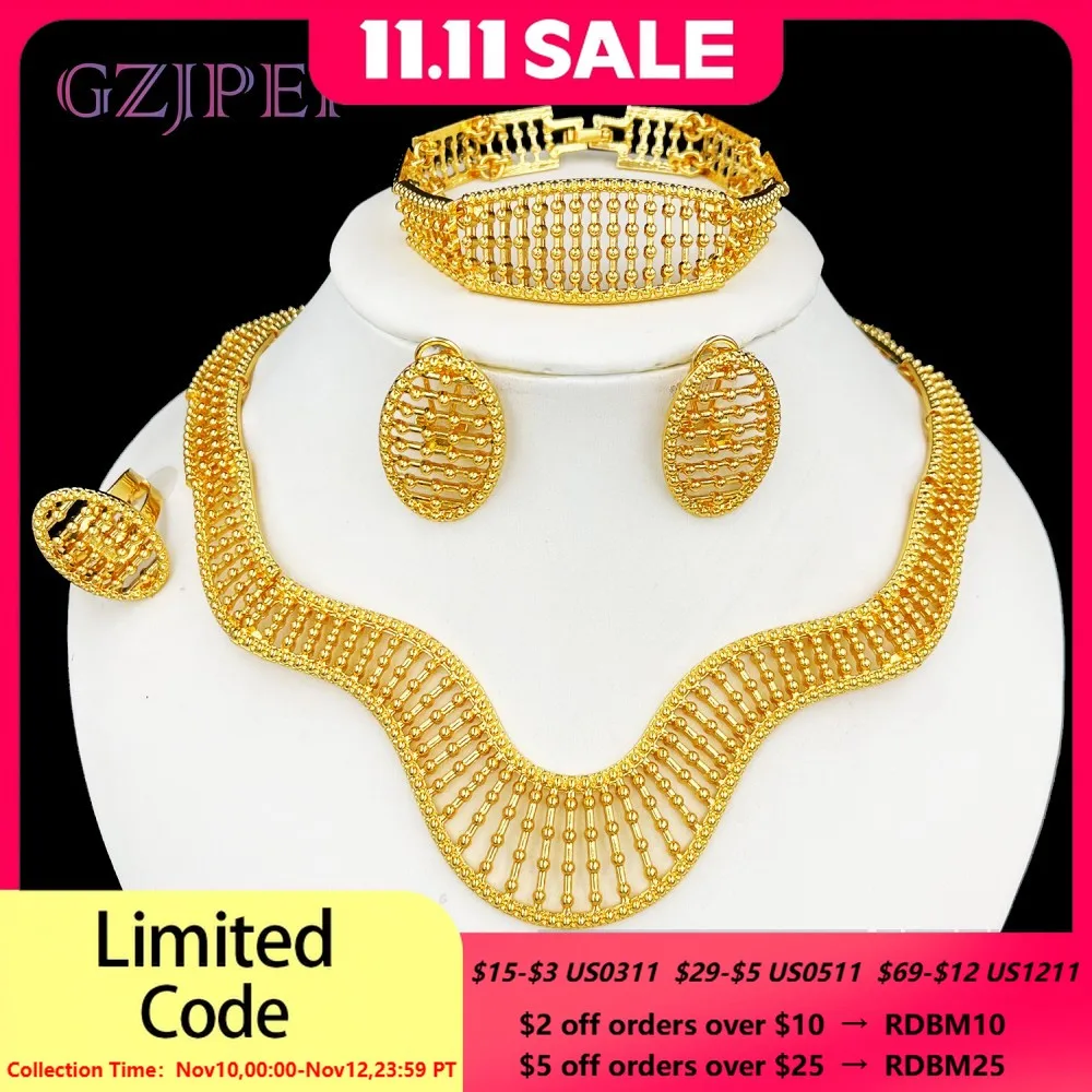 

GZJPEI African Gold Color Big Jewelry Set Design Wedding Jewellery Hight Quality Choker Necklace Earring Ring Set 2025 New