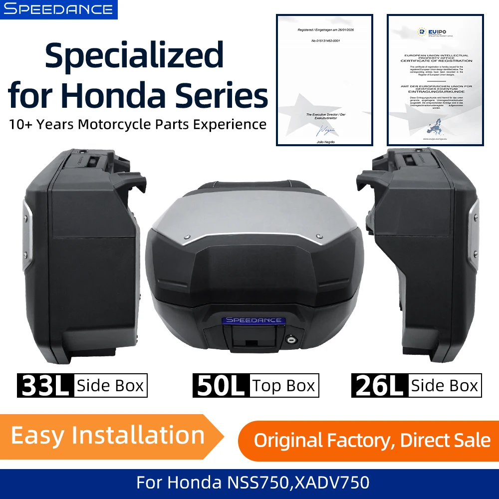 

Комплект из трех кофров Speeedance XADV750: 50-литровый верхний кофр, 33-литровый левый боковой кофр, 26-литровый правый боковой кофр для XADV750 2022-2026 годов выпуска.