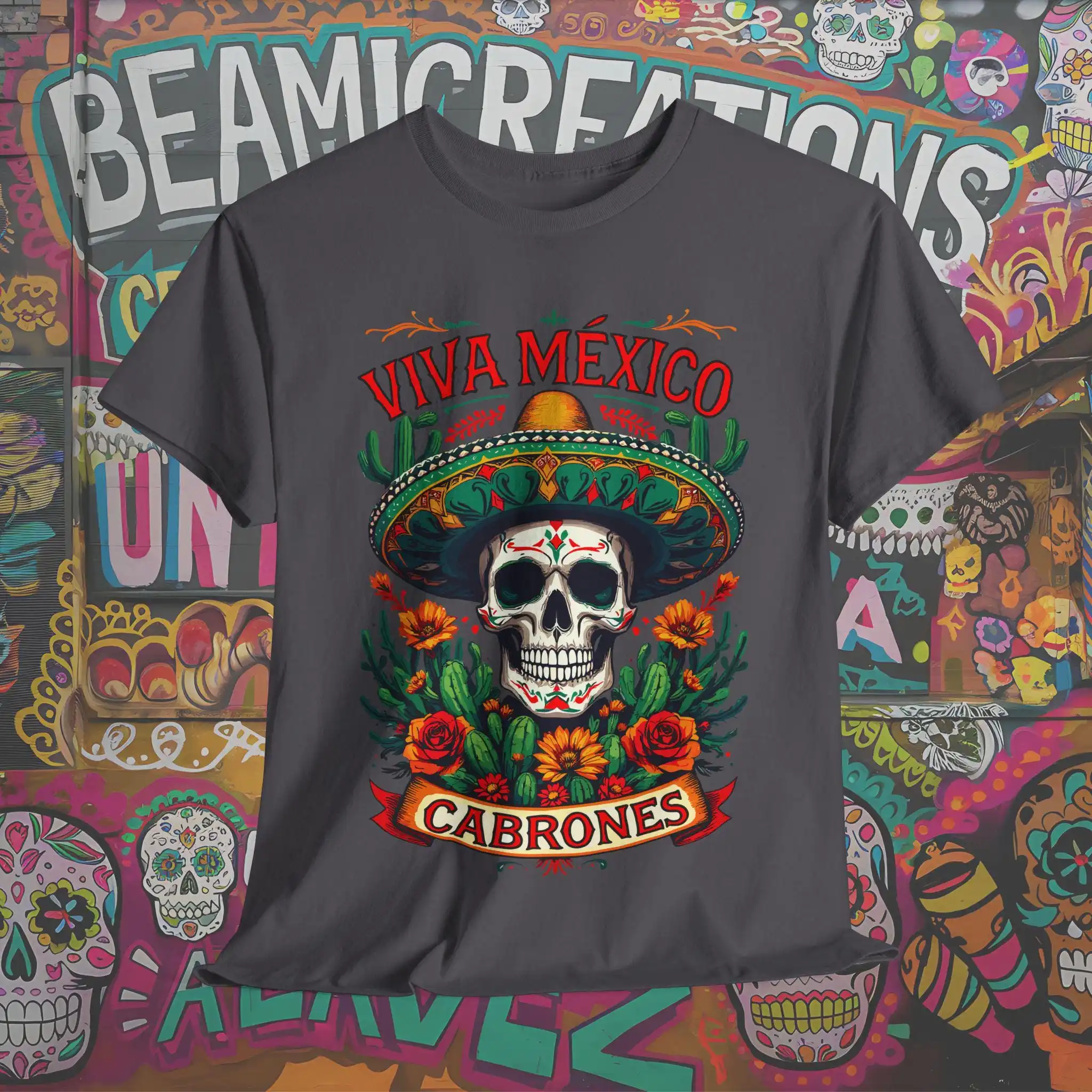 Viva México Cabrones camiseta cráneo mexicano Sombrero Día de los muertos inspirado Bold Pride Apparel