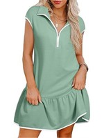 Fashion Casual Polo Collar Zipper Mini Dress Women Loose Ruffles Folds Dress Spring Summer Short Sleeved Half Zipperdress Dress