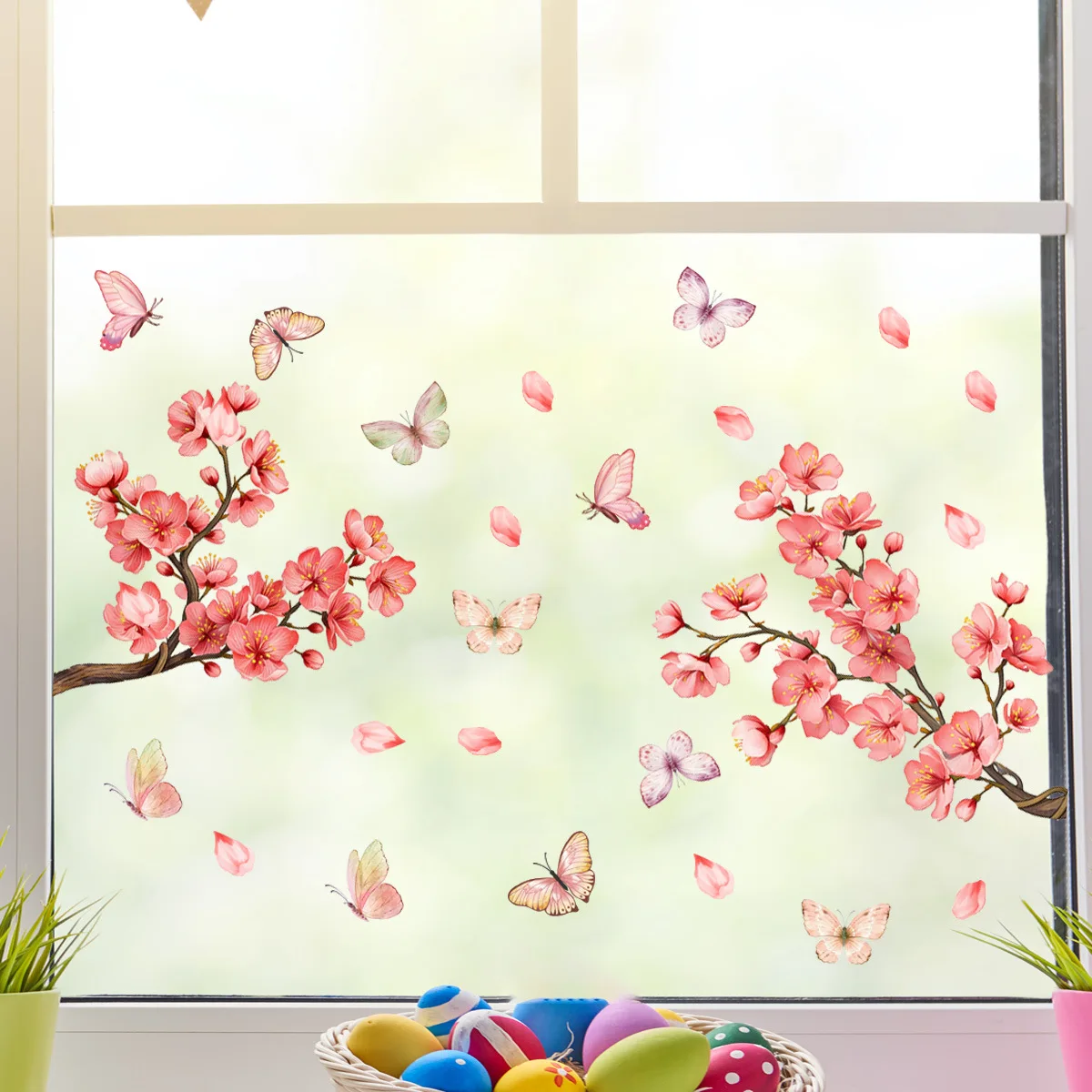 Static Cling with Peach Blossom Motif for Clear Glass PVC Construction Ensures Secure Hold Reusable Indoor Decoration Option