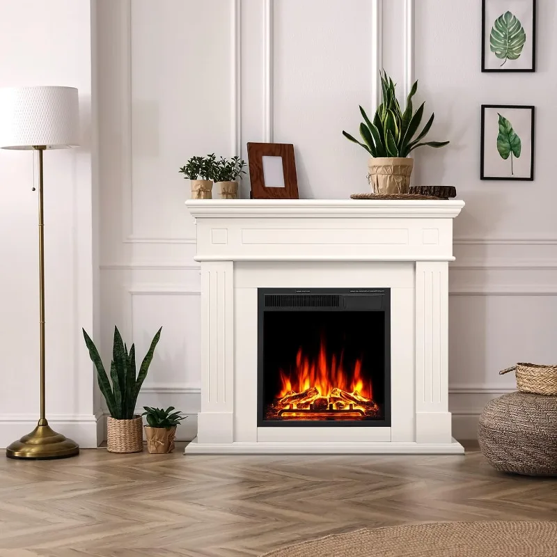 43” Electric Fireplace Mantel Wooden Surround Firebox, TV Stand with Freestanding Electric Fireplace, Remote Control