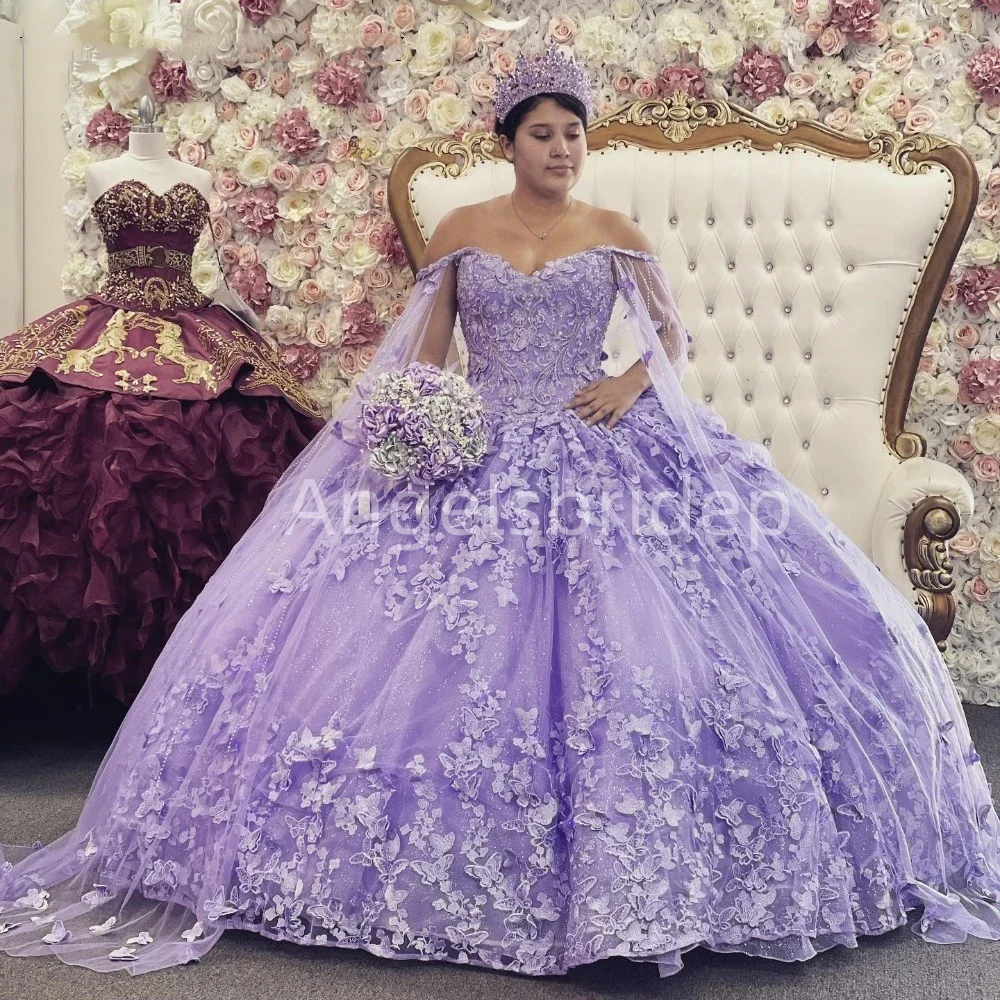 Angelsbride-vestido De baile De lavanda para quinceañera, vestido De fiesta De cumpleaños, tul brillante con capa, Vestidos De graduación De 15 años