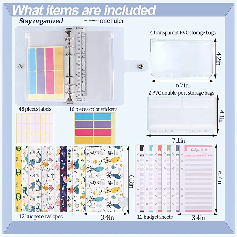 A6 PVC Binder Cover, Budget Sheets,Storage Card Bags,Blank Stickers For 6-Ring Cash Envelopes,Daily Money Planner