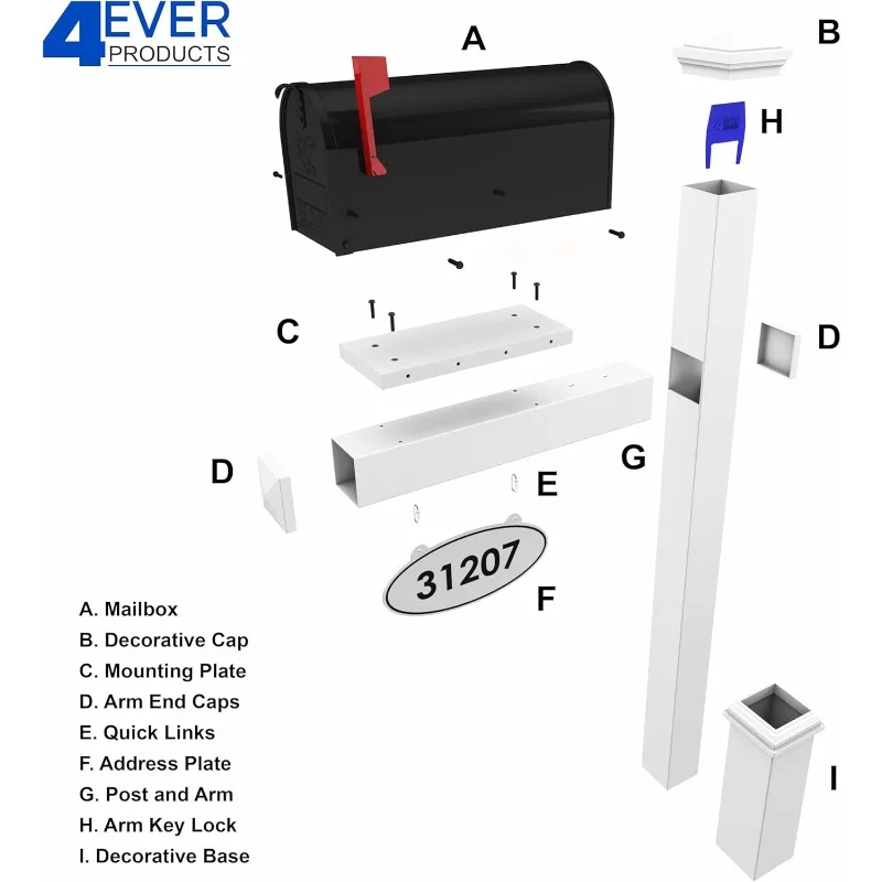Vinyl Mailbox Post System - Includes Black Steel Mailbox and Custom Address Plate (White)