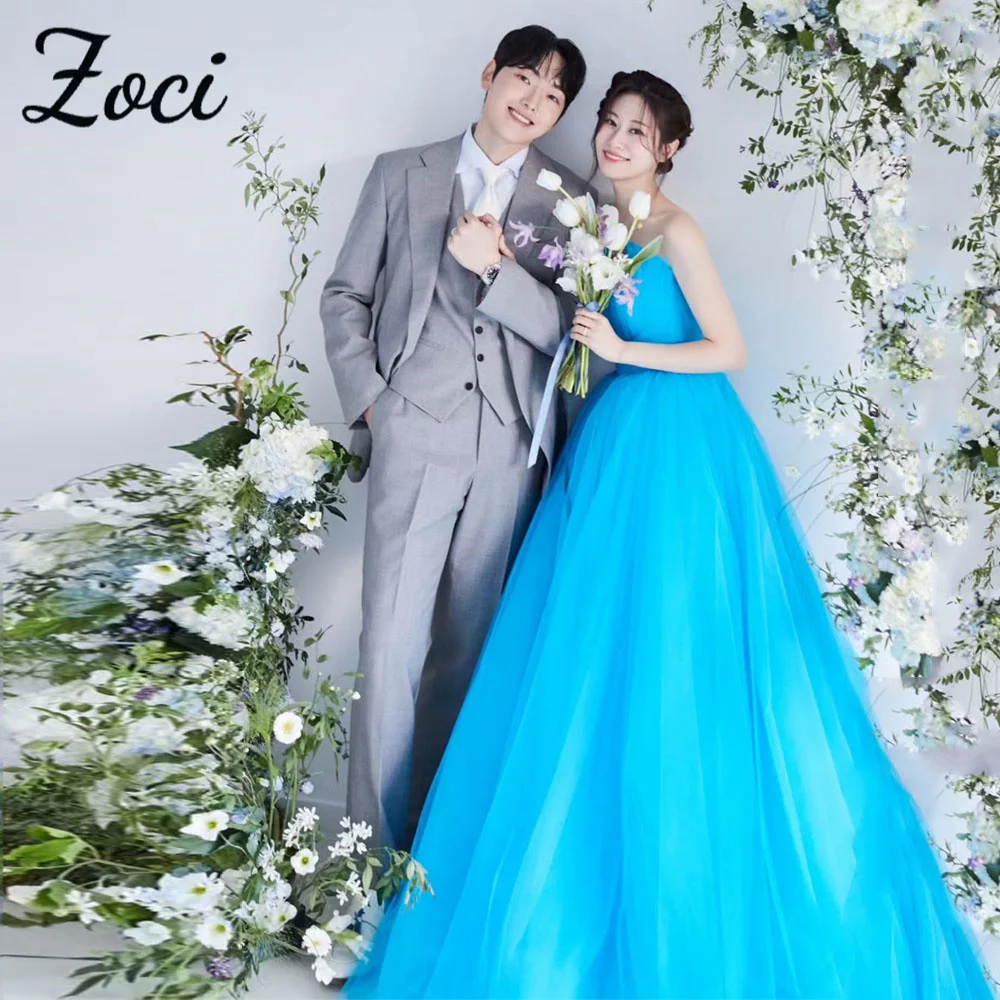 

Zoci Fairy Soft Tulle Bule Wedding Dresses Sleeveless Ruffles Draped Bridal Gown Photos Shoot Korea Evening Dresses Customized