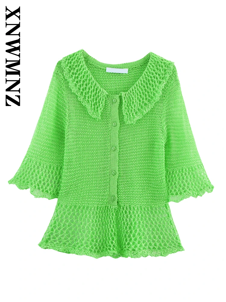

XNWMNZ 2025 Summer New Woman's Commuting Fashion Short Sleeve Knitted Blouses Vintage Lady Green O-Collar Cardigan Casual Top