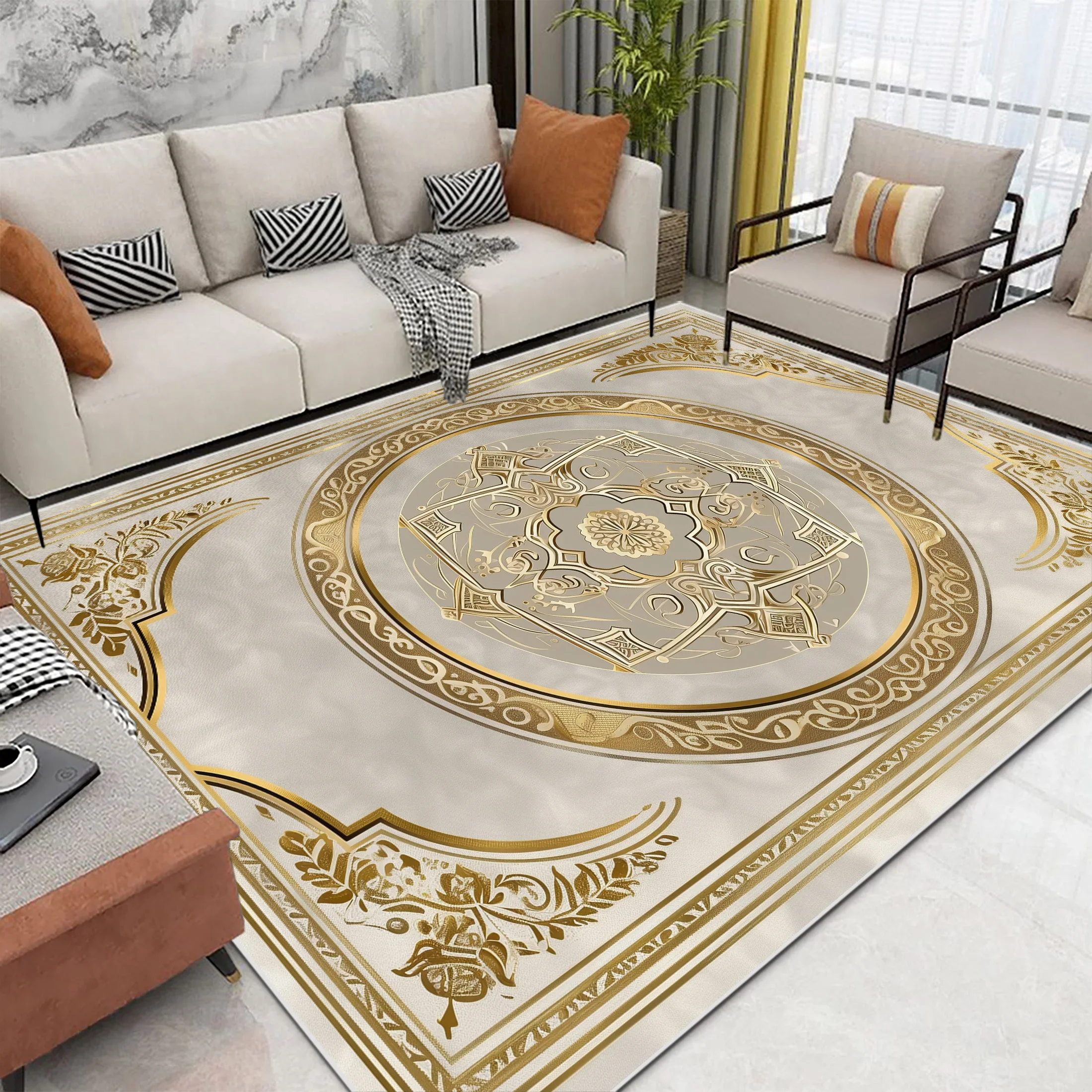 

Luxury Gold Decorative Rug for Living Room European Style Home Coffee Tables Mat Large Area Soft Easy Cleaning Bedroom Carpet 러그