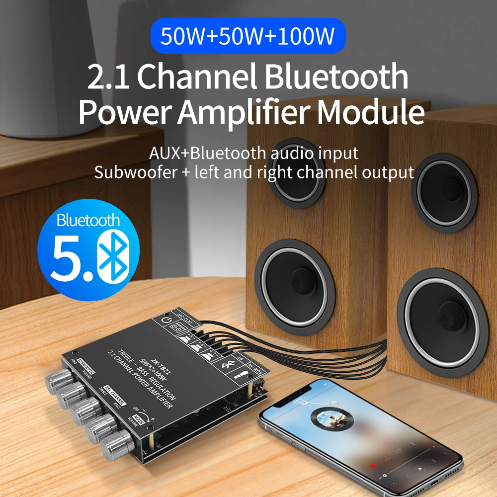 

Bluetooth-совместимый модуль усилителя аудио стерео сабвуфера 50 Вт * 2 + 100 Вт 2,1-канальный цифровой усилитель мощности плата AUX ZK-TB21