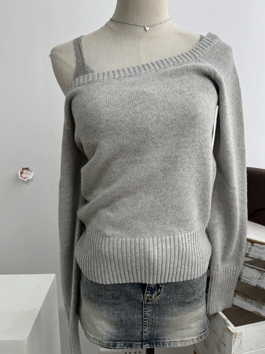 Sweet Gray Knitted Short Sweater Women Autumn Sexy Slash Neck Long Sleeve Cotton Jumpers Vintage Preppy Style Pullover Tops Y2K