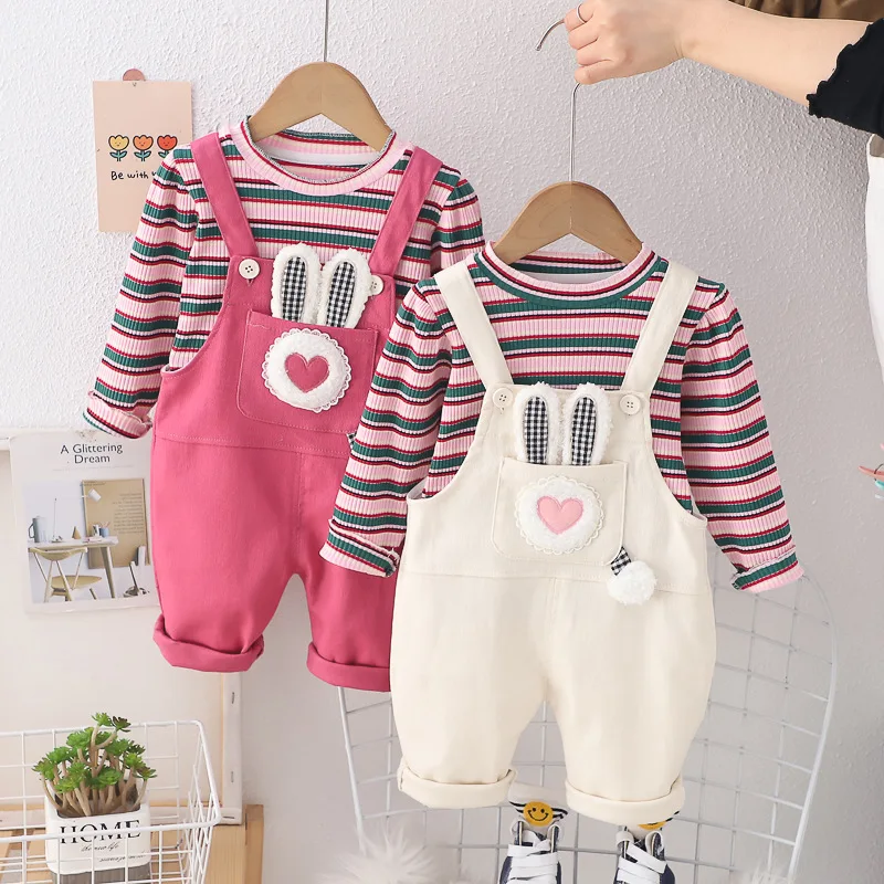 

Girls Overall Clothes Sets Spring Autumn 2024 Children Long Sleeve T-shirts Jumpsuit Pants 2pcs Tracksuits For Baby Suit Kids 5Y