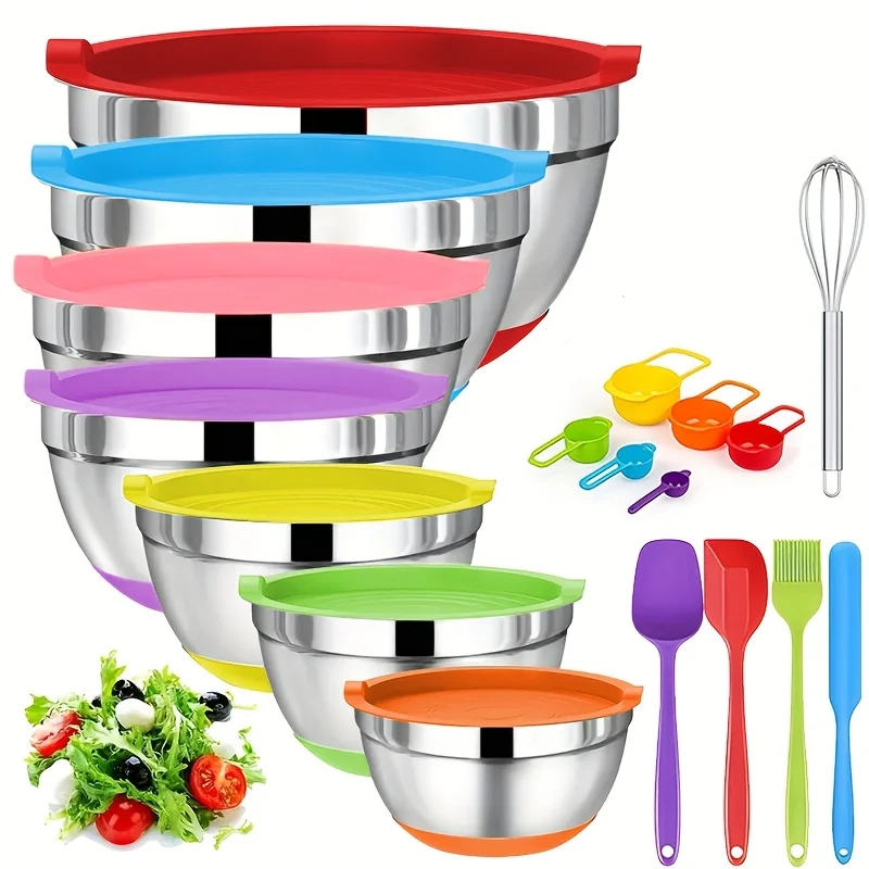 

[New Gift]18pcs Sealed Lid Mixing Bowl, Anti Slip Colored Bottom, Sizes 4.5, 3.6, 2.7, 2.1, 1.7, 1.1, 0.7QT, Perfect For Mixing,