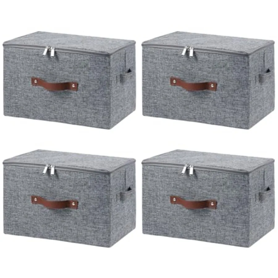 

4 Pack Storage Bins with Zipper Lid Cotton Linen Fabric Lidded Storage Baskets Boxes Foldable Washable Closet Shelf Clothes Org