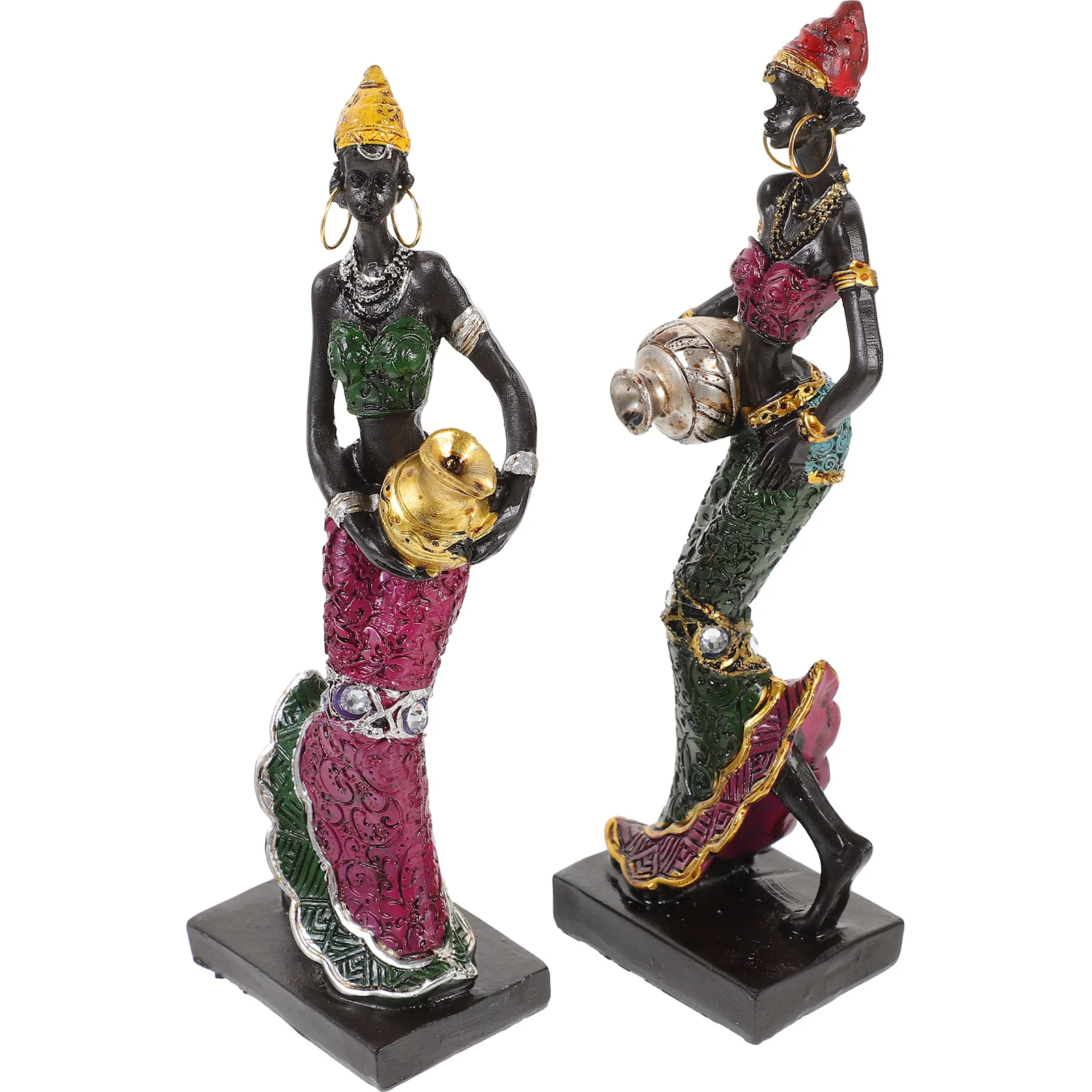 

2pcs African Lady Sculpture Resin Art Decor Tribal Woman Statue Home Decoration Gift Option For Living Room Coffee Shop Hotel