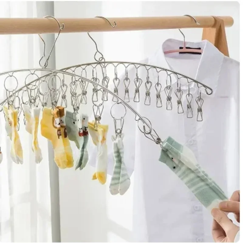 10/20Pegs Stainless Steel Clothes Drying Hanger Windproof Clothing Rack Clips Sock Laundry Airer Hanger Underwear Socks Holder