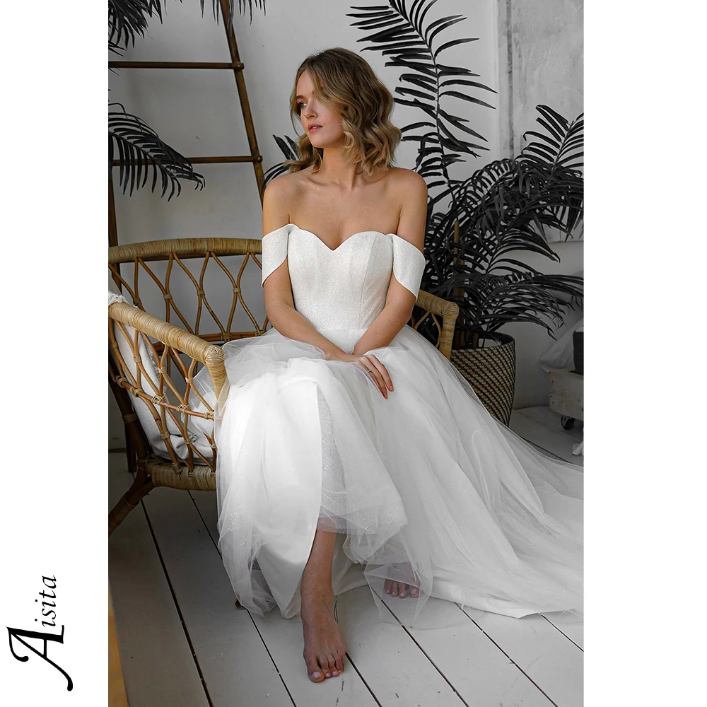 Romantic A-line Wedding Dress Sparkle Tulle Glitter Satin Womens Dresses Sweetheart Elegant and Pretty Women's Dresses Vestido