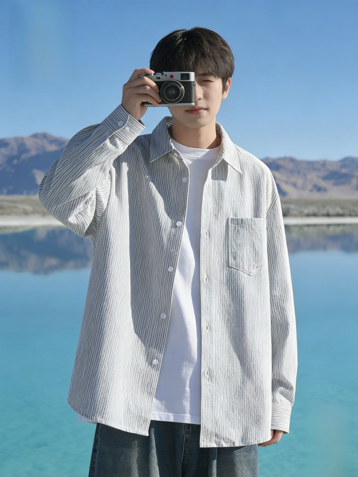 

Men's Loose Striped irt Spring Summer High Street Faion Dalmatian Monkey Casual Long Sve Button up