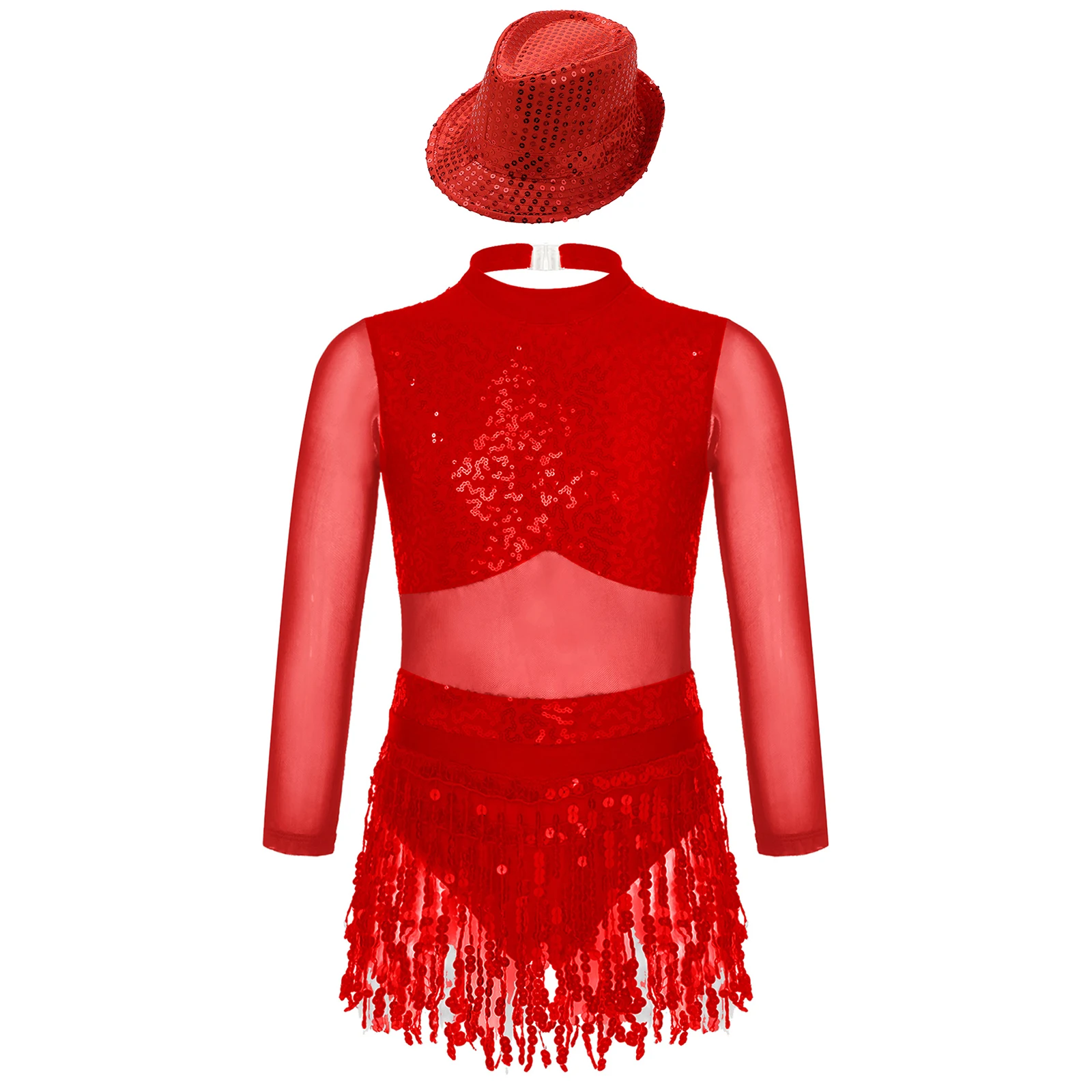 Kids Girls Sequins Dancewear Set Tassel Bodysuit Latin Jazz Dance Dress with Hat Teen Cha-cha Samba Performance Dance Costume