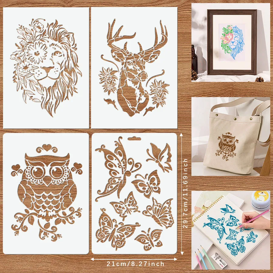 مجموعة واحدة مكونة من 4 قطع من استنسل الحيوانات والفراشات القابل لإعادة الاستخدام مقاس 8.3 × 11.7 بوصة - قوالب رسم يدوية للنسيج والخشب وسجل القصاصات وفن الحائط