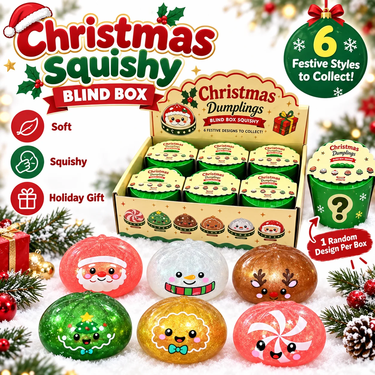 1-5PCS Christmas Dumpling Squishy Blind Box TPR Slow Rising Squeeze Fidget Sensory Stress Relief Holiday Surprise Gift Set