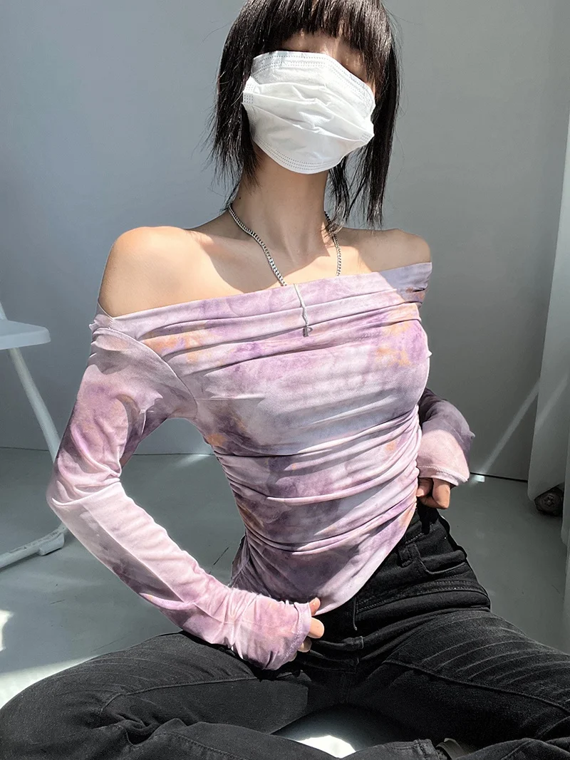 Sexy Shoulder Bared Long Sleeve Tie Dye Mesh One Shoulder T-Shirt Women's Spring Autumn Slim Fit Top Floral Print Polyester S...