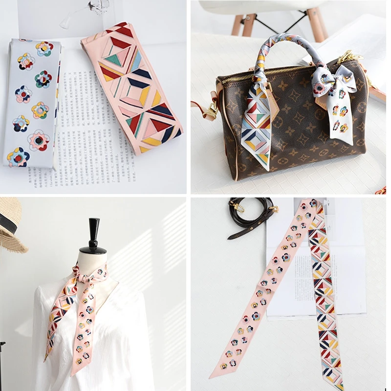 120cm LengthenedKorean Version Color-blocking Flower Fashion Ladies Fecoration Twill long Strip silk scarf Tie Bind a bag Ribbon