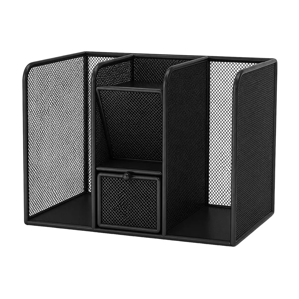 Metal Desk Book Rack Multi-Compartment Pull-Out Drawers Desk Stationery Organizer Mesh Structure