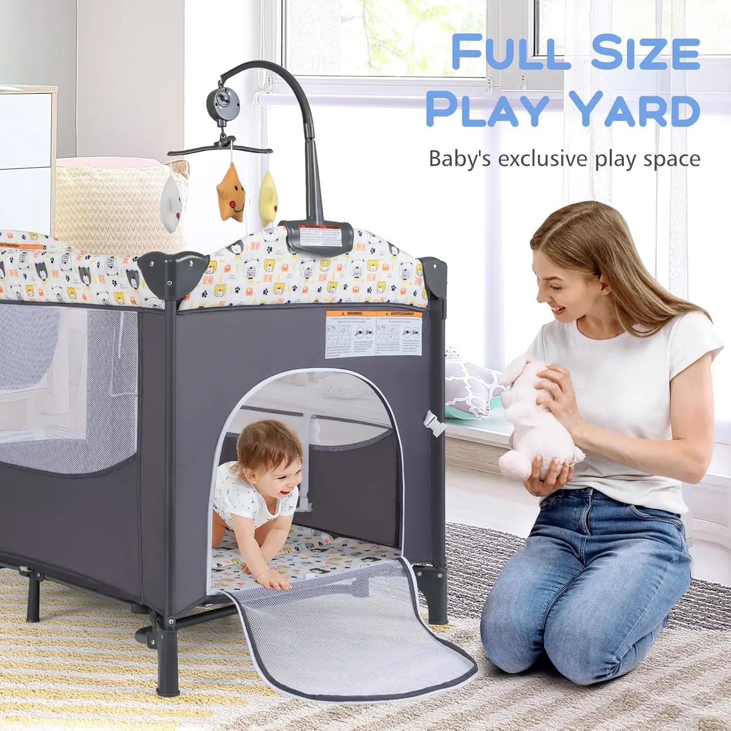 حزمة وتشغيل، 5 في 1 نائمة بجانب السرير مع سرير، مغير الحفاضات، مرتبة، حقيبة حمل، ألعاب معلقة على صندوق الموسيقى