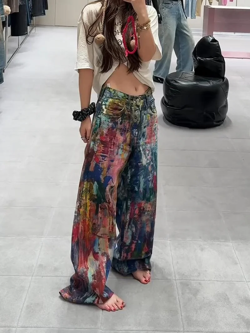 

Женские летние джинсы в стиле ретро с эффектом потертости и 3D-принтом «Палитра масляной живописи», длинные, с высокой талией, свободного кроя