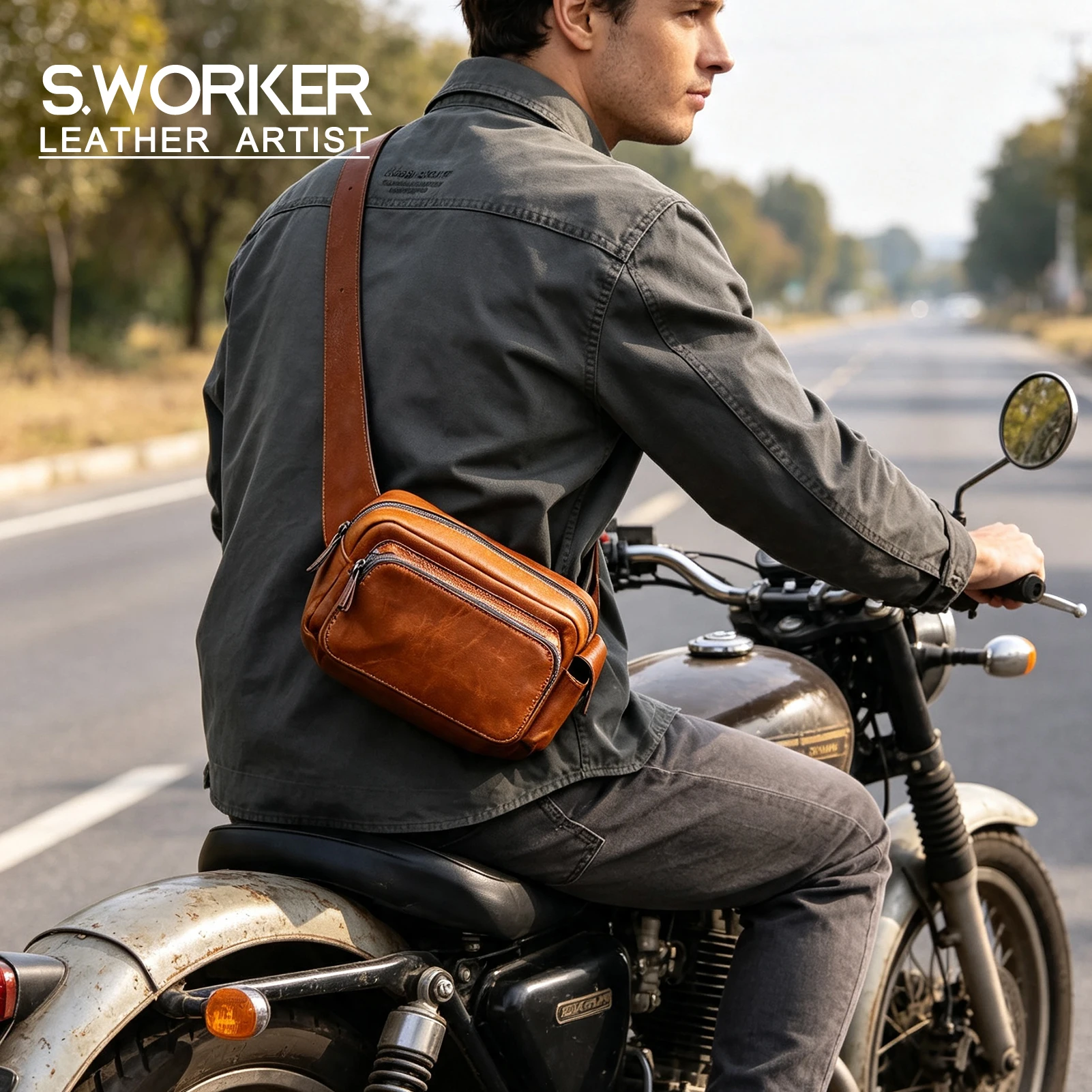 Vintage-Umhängetasche aus hochwertigem, pflanzlich gegerbtem Echtleder für Herren, modische Schultertasche, Motorrad-Umhängetasche – Detail 2