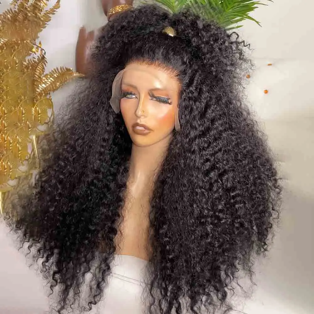 

Natural Black Soft 26Inch Long 180%Density Kinky Curly Preplucked Glueless Lace Front Wig For Women With Babyhair Daily Cosplay