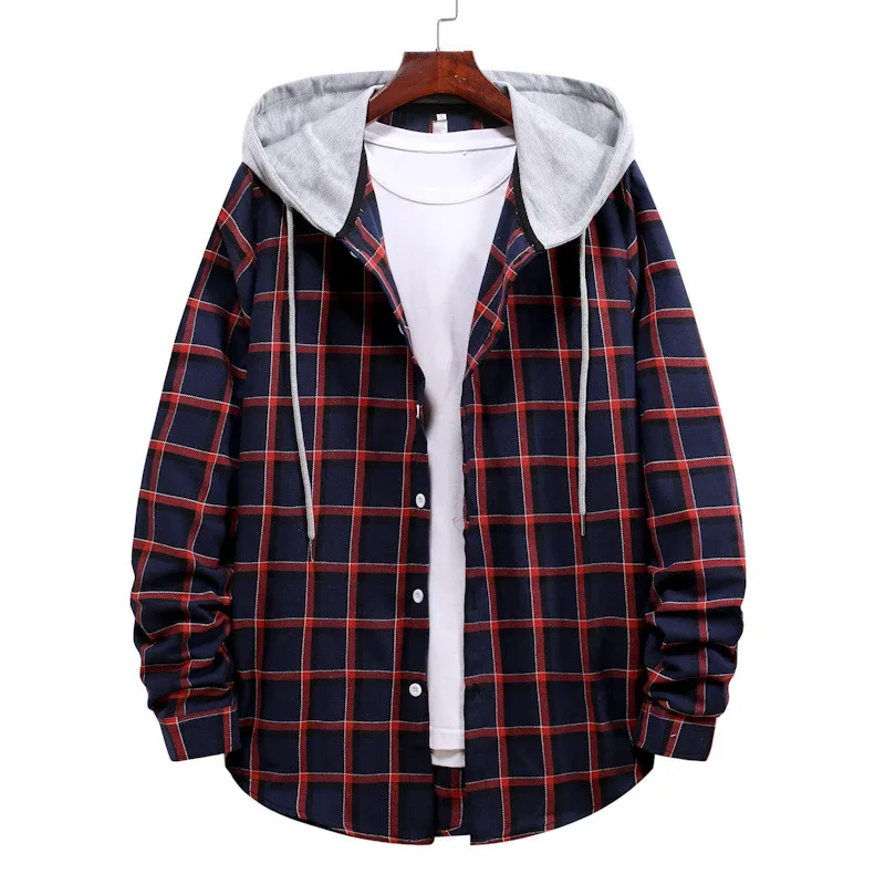 Casual Plaid Hooded Shirts Oversized Men\'S Clothes European American Style Handsome Holiday Checked Outwear Splicing Hoodie