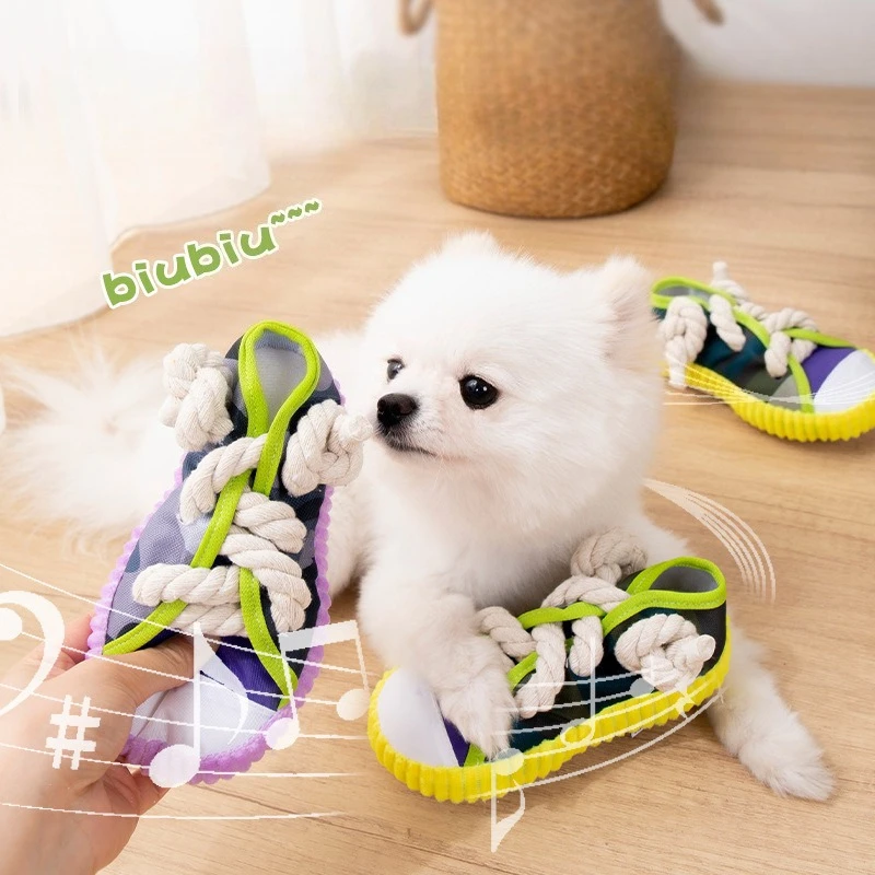 Dog Chewing Toy Squeaky Bite Resistant Puppy Chew Toy Teeth Grinding Canvas Shoes Knot Cotton Rope Dog Molar Chew Toy Supplies