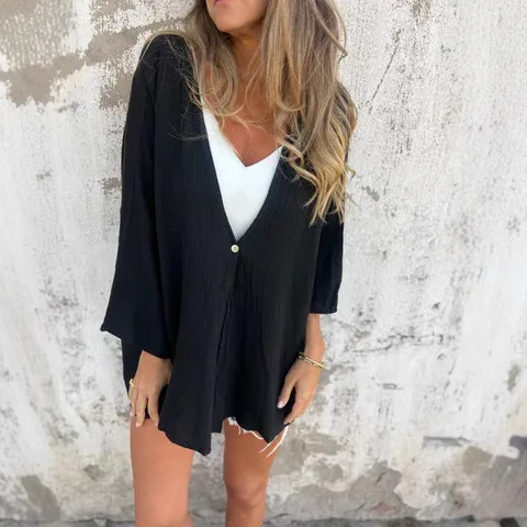 

Solid Color V-neck Fashionable Loose Women's Mid-long Sleeve Cardigan