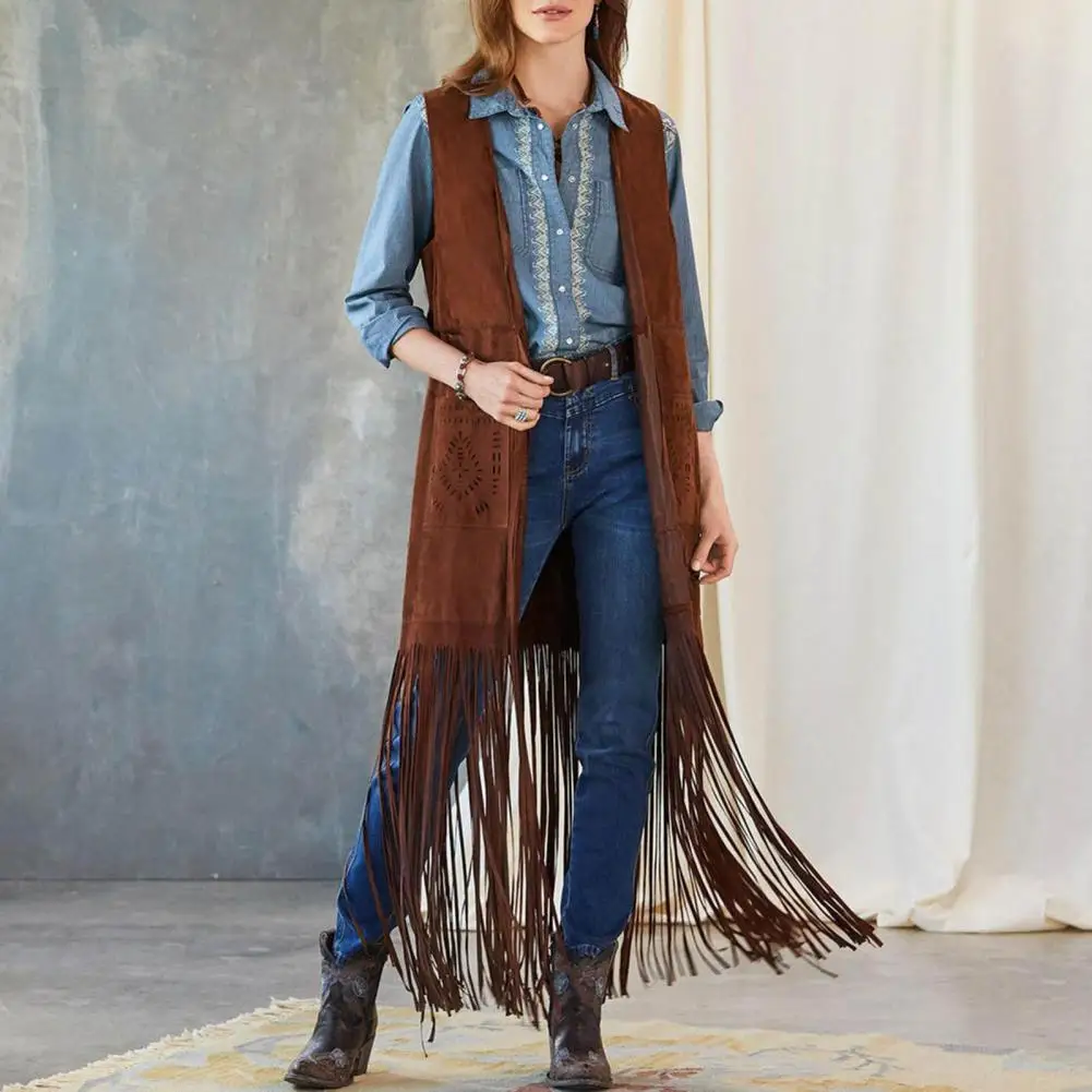 

Western Fringed Vest Bohemian Fringe Vest with Tassel Detailing Cardigan Patch Pocket Waistcoat for Women Vintage Fringed