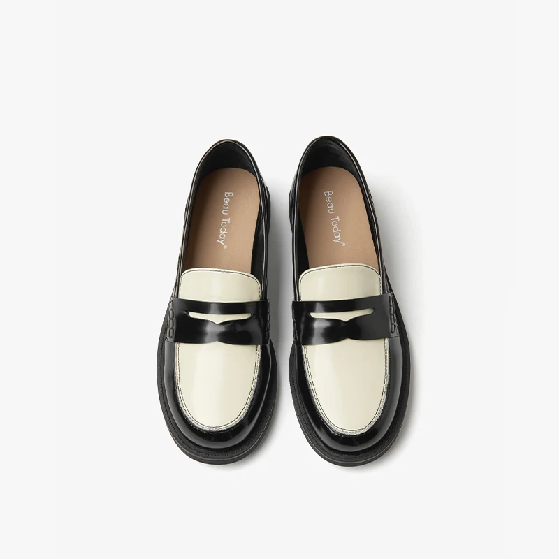 BEAUTODAY Penny Loafers Women Genuine Cow Leather Patchwork Round Toe Slip-on Classical Ladies Flat Shoes Handmade 27658